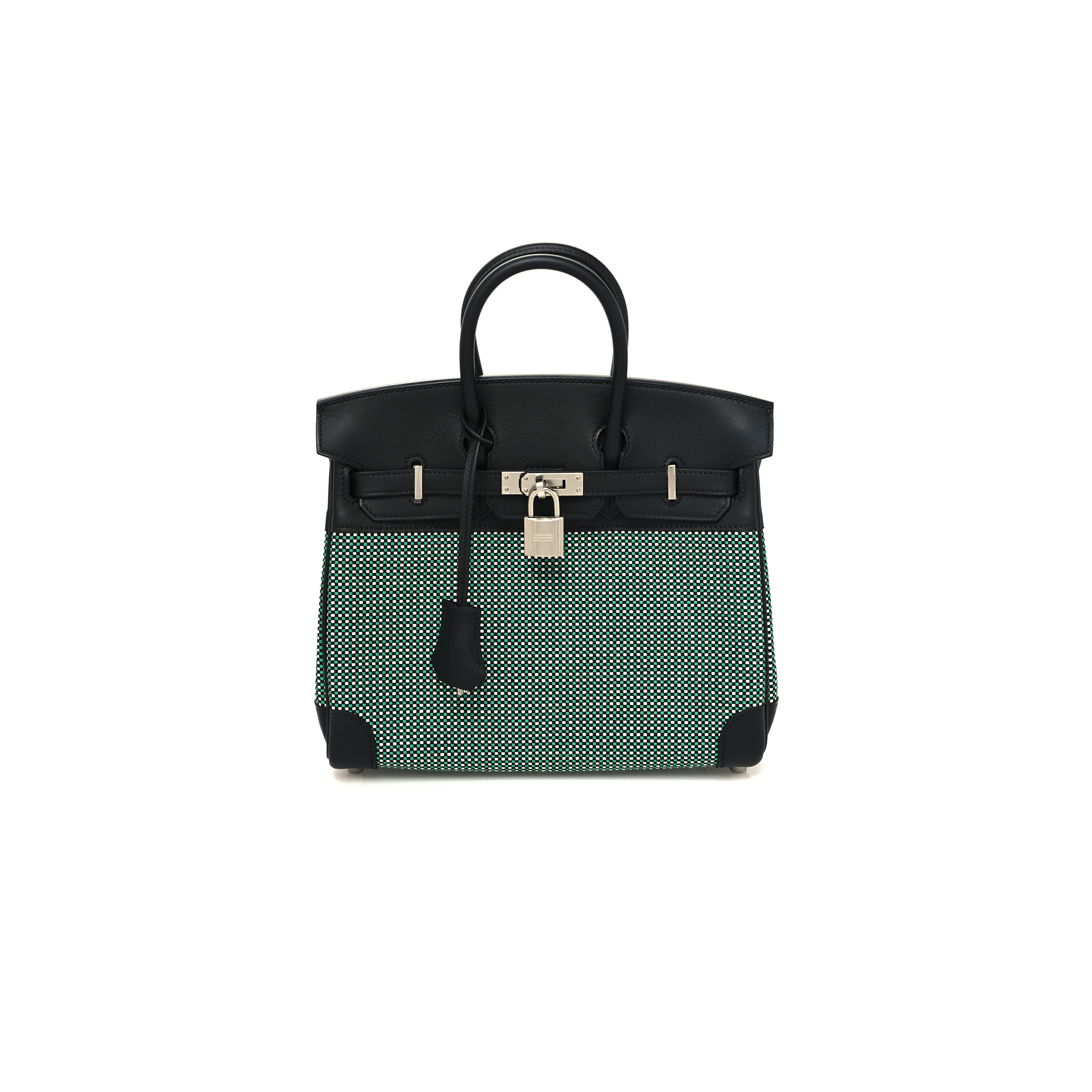 HERMES MASTER BIRKIN 25 BLACK TOILE QUADRILLE MENTHE BAG 003785348 (25*18*13cm)